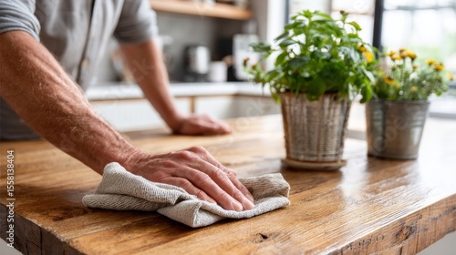   Wiping a wooden kitchen table with a cloth under warm daylight, calm mood, clean and high-contrast look.