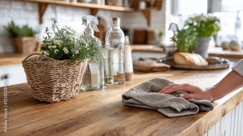   Hand cleaning a modern wood kitchen counter using a cloth, with warm light and a serene, tidy environment.  