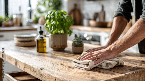 A hand gently wipes a wooden kitchen table with a white towel, in bright natural light and a calm, clean setting.  
