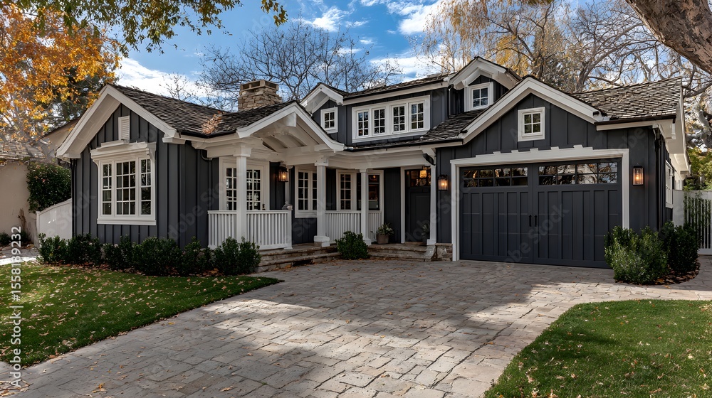 Naklejka premium A beautiful dark gray modern farmhouse style home with white trim and a cobblestone driveway in autumn season.