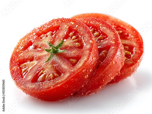 Wallpaper Mural Three slices of a fresh, red tomato are arranged, glistening with droplets of water, on a white surface. Torontodigital.ca