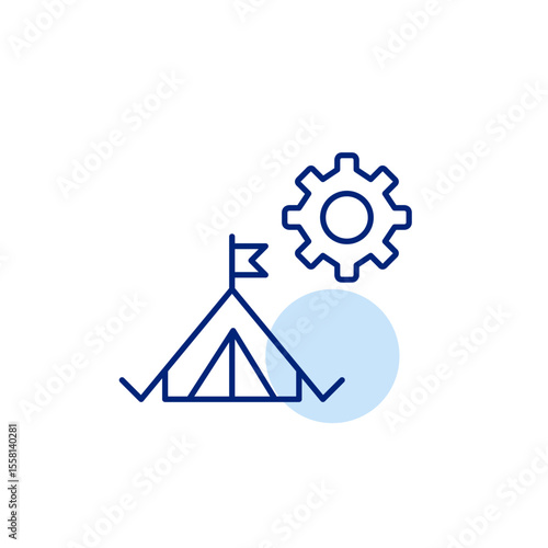 Camping tent and cogwheel. Outdoor gear settings, campsite management, equipment configuration, adventure planning tools, camping system control. Pixel perfect, editable stroke vector icon