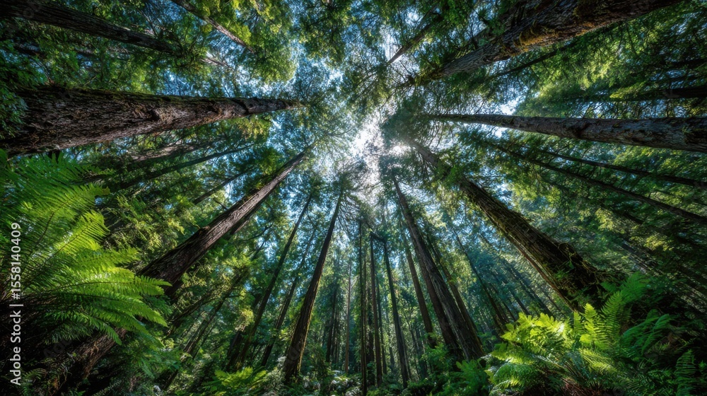 Fototapeta premium Sunlight streams through the towering trees in a vibrant forest, creating a serene atmosphere filled with rich greenery. The tall trunks stretch skyward, enveloping the landscape in tranquility.
