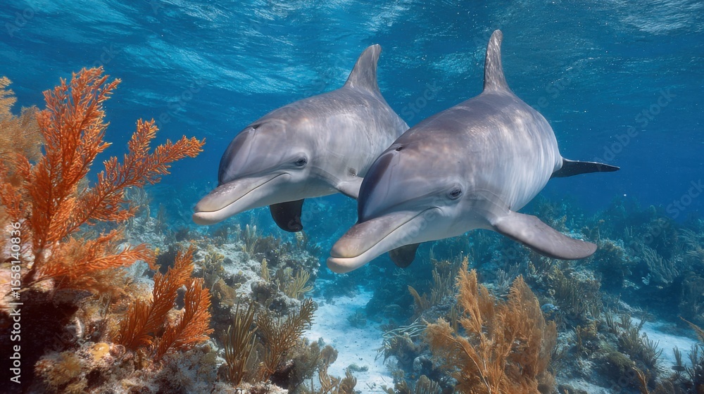 Fototapeta premium Two playful dolphins glide through the clear ocean waters, surrounded by colorful coral reefs and marine vegetation, showcasing the beauty of underwater life.