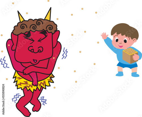寒がる鬼と豆をまく男の子
