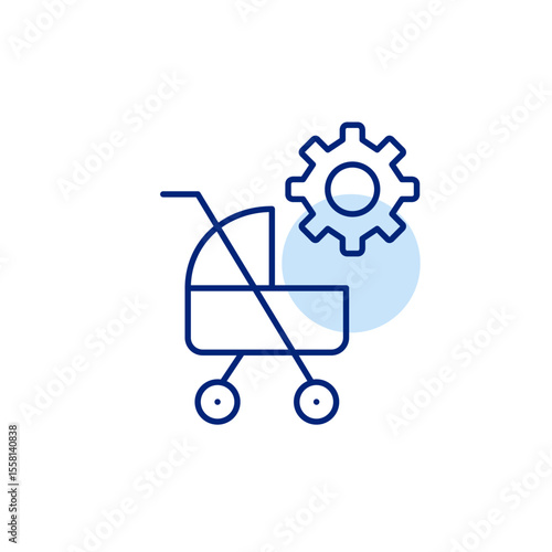 Baby stroller and cogwheel. Parental controls, child safety settings, baby monitoring configuration, age-restricted access, kid-friendly system setup. Pixel perfect, editable vector icon