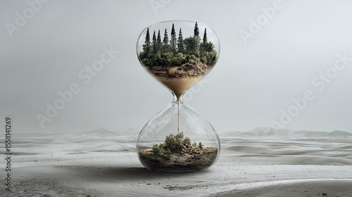 Conceptual Hourglass with Trees and Sand Flowing into a Desert Landscape on a Beach