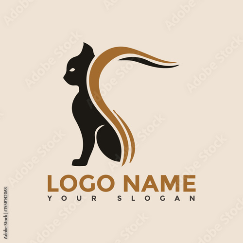 Silhouette of pet cat with a tail up abstract stylization animal ,