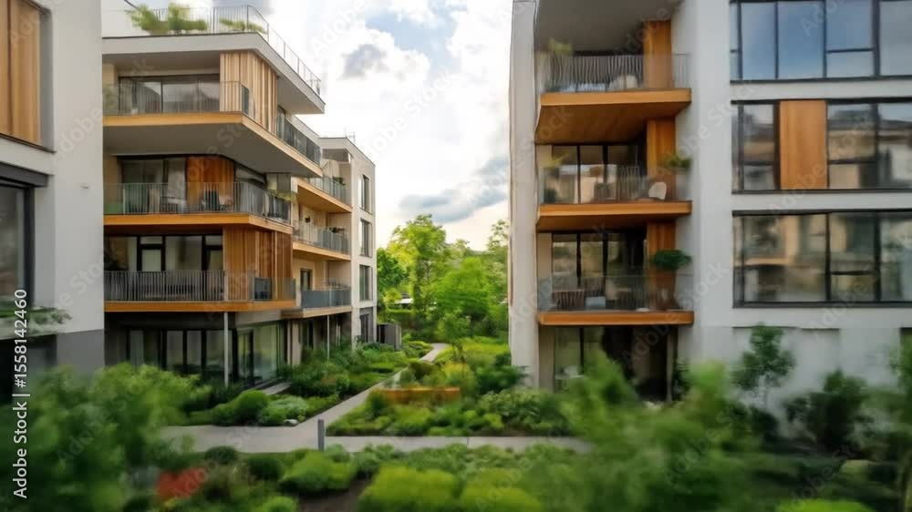 Modern apartment complex with landscaped courtyard Modern apartment complex with landscaped courtyard