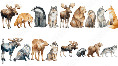 Beautiful watercolor illustrations of wild forest animals including moose, bear, wolf, fox, and badger, ideal for nature designs, kids' books, or rustic decor.

