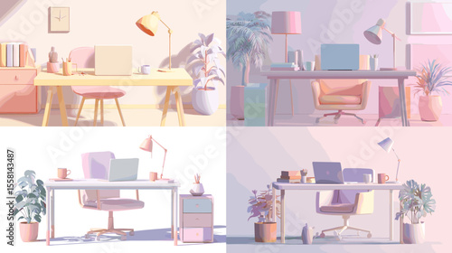 Beautiful pastel 3D illustrations of home office desks, laptops, and decor. Ideal for productivity content, remote work themes, and creative workspace visuals.

