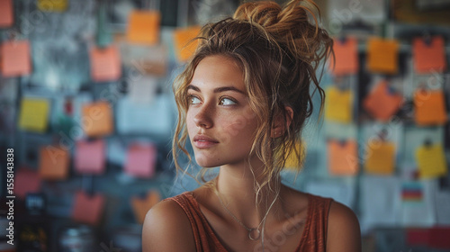 Wallpaper Mural Thoughtful young woman with a bun hairstyle, looking thoughtfully away from the camera, surrounded by colorful sticky notes. Torontodigital.ca