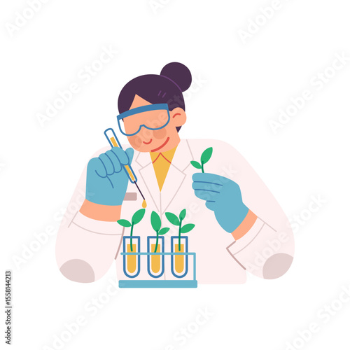 Vector illustration of female botanist working in laboratory, conducting experiments on young plant seedlings. Woman scientist in lab coat doing sustainable agricultural research, plant biology