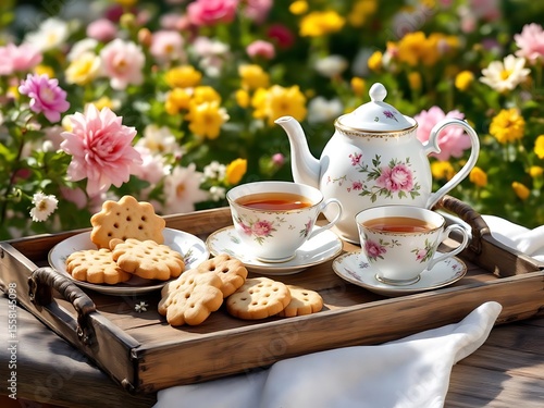 Wallpaper Mural Tea and cookies served in garden with flowers. Great for lifestyle, seasonal branding, and food photography Torontodigital.ca