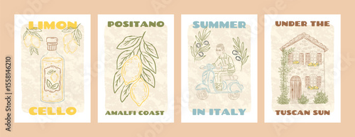 Hand drawn Italian posters set with limoncello bottle, lemons, Tuscan house, scooter rider. Vintage Mediterranean travel illustrations for wall decor, branding, packaging, postcards.