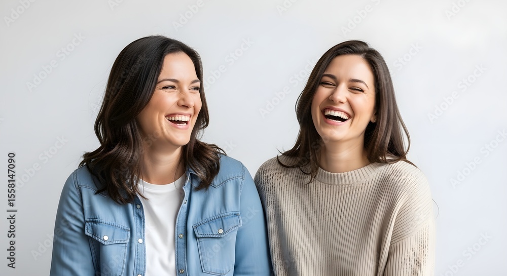 Two Brunette Women Sharing a Moment of Unrestrained Laughter Against a White Background Two Brunette Women Sharing a Moment of Unrestrained Laughter Against a White Background