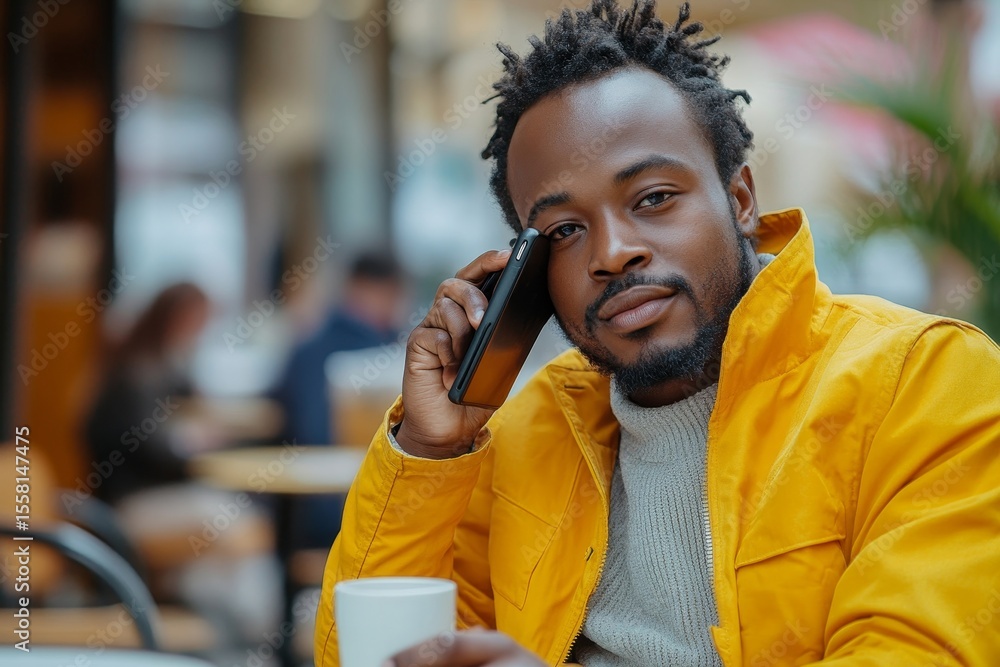 African man talking on mobile phone and drinking coffee, multitasking as he balances work communication and enjoying his morning brew, Generative AI African man talking on mobile phone and drinking coffee, multitasking as he balances work communication and enjoying his morning brew, Generative AI