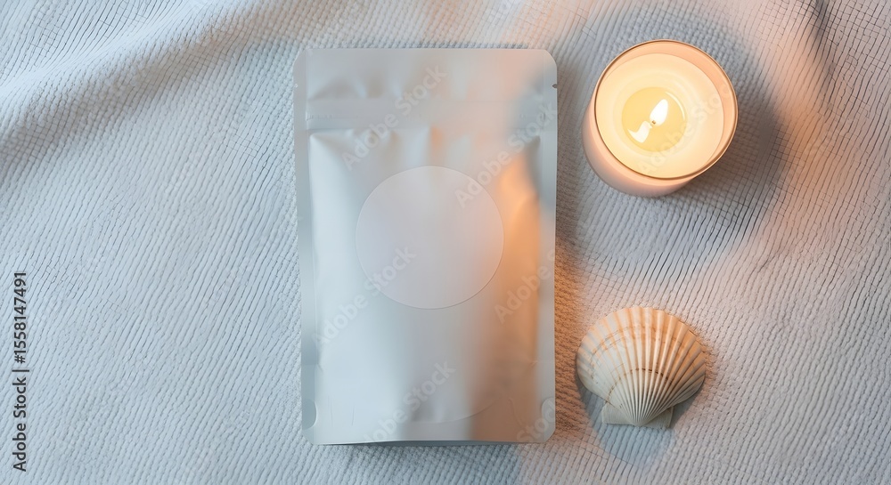 Fototapeta premium Serene scene features blank sachet packaging alongside a glowing candle and delicate seashell on a soft, textured white fabric.