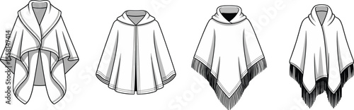 Hooded Cape Poncho Kimono Shawl Fashion CAD Vector Flat Sketch Top View