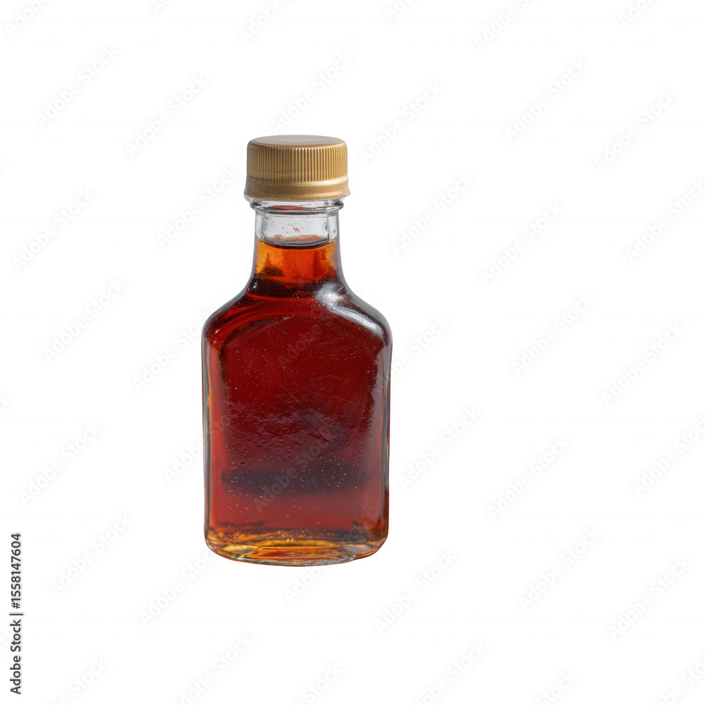 A glass bottle filled with amber syrup, featuring a golden cap. The bottle exudes an inviting glow, ideal for culinary or beverage-themed projects. A glass bottle filled with amber syrup, featuring a golden cap. The bottle exudes an inviting glow, ideal for culinary or beverage-themed projects.