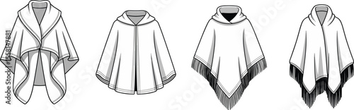 Hooded Poncho Cape Kimono Shawl Top View Fashion CAD Flat Vector Sketch