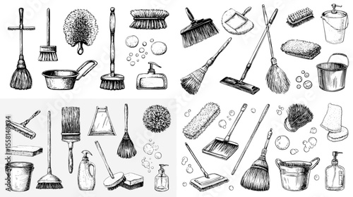 Detailed hand-drawn sketch set of cleaning tools, including brushes, mops, buckets, and soap bottles. Perfect for service ads, infographics, and editorial design.

