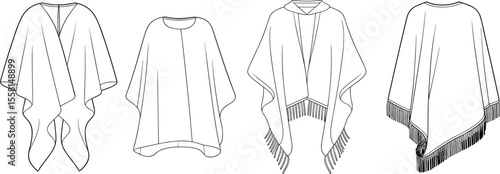 Poncho Cape Kimono Shawl Flat Fashion CAD Sketch Vector Top View Template