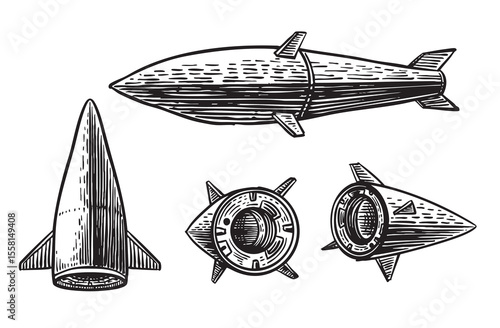 Detailed black and white sketch of a military missile in vintage engraving style. Ideal for retro war-themed designs, historical military posters, tactical gear packaging, and educational infographics