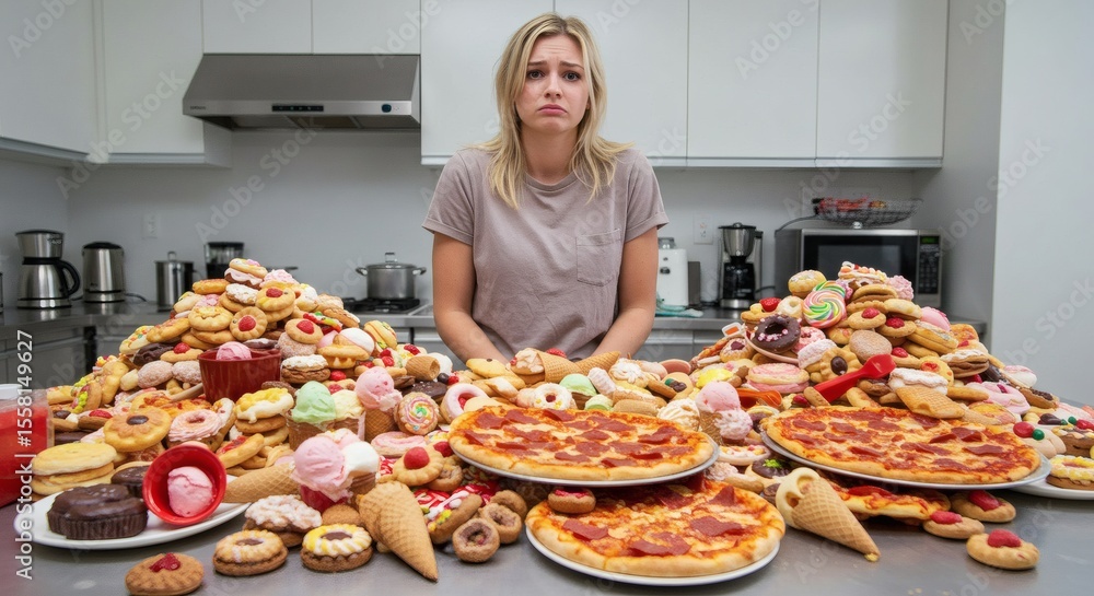 Young woman overwhelmed by enormous piles of sugary treats and pizzas. Young woman overwhelmed by enormous piles of sugary treats and pizzas.