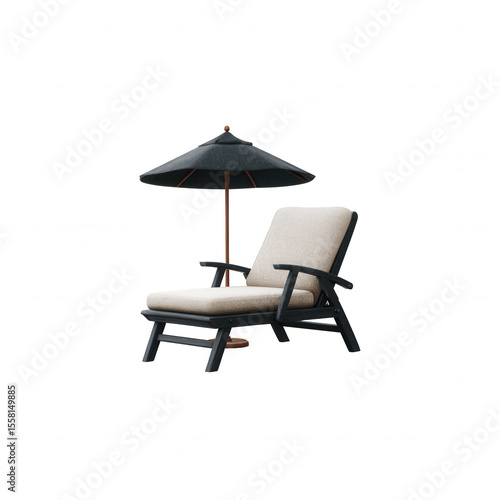 A stylish lounge chair with a beige cushion and a black umbrella, perfect for relaxation by the pool or beach, set against a white isolated background.
