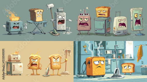 Funny and expressive cartoon characters of toasters and bread in daily life scenes. Ideal for children’s content, animation, and humorous creative projects.

