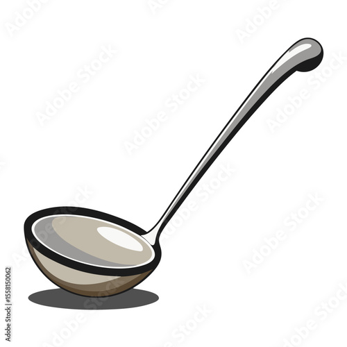 a metal ladle or soup spoon with a long handle and rounded bowl, drawn in silver and gray tones with shading and highlights.