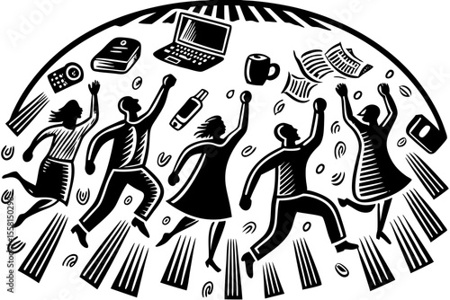Woodcut illustration of diverse people celebrating achievements with office supplies and a laptop computer