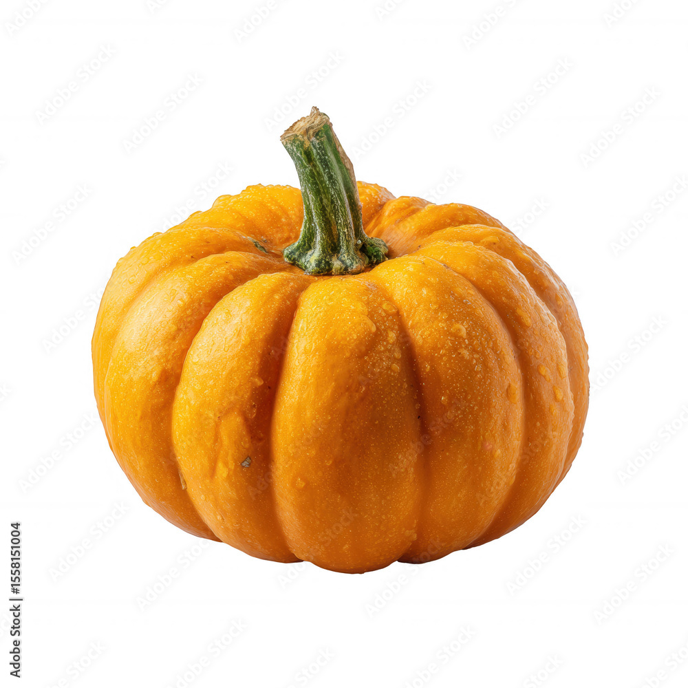 Fototapeta premium A vibrant orange pumpkin with a distinctive texture and green stem, displayed against a white isolated background, perfect for fall-themed designs and seasonal decorations.
