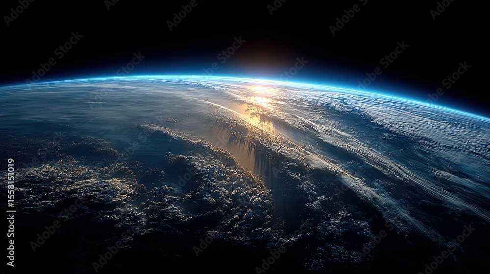 Fototapeta premium Aerial view of Earth's atmosphere with glowing blue ozone layer and dark gap symbolizing depletion, environmental protection and climate change awareness concept.
