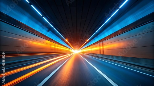 Fast moving vehicle through a brightly lit modern tunnel with light streaks
