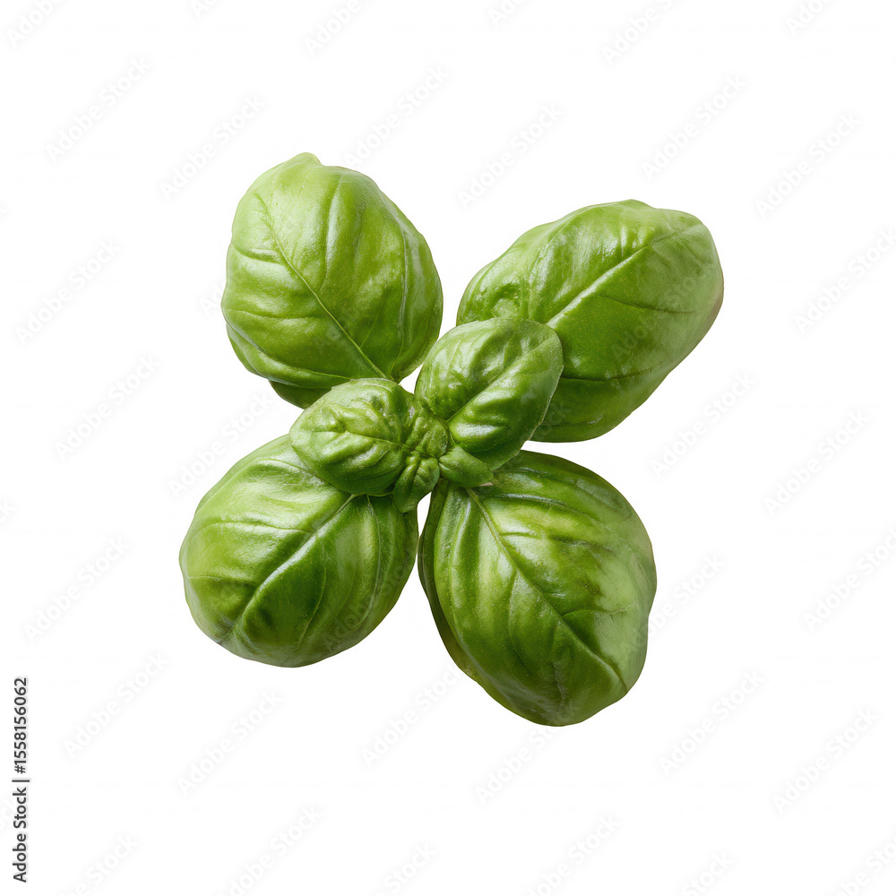 Fototapeta premium Fresh green basil leaves arranged on a white background, showcasing its vibrant color and texture, ideal for culinary or herbal design projects.