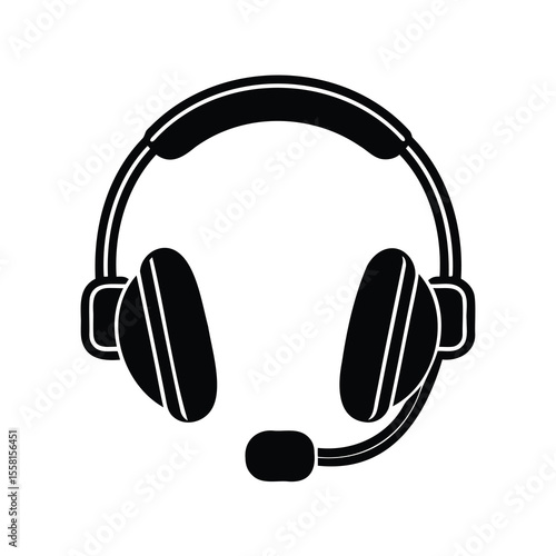 Isolated black headphones with microphone in vector graphic illustration style