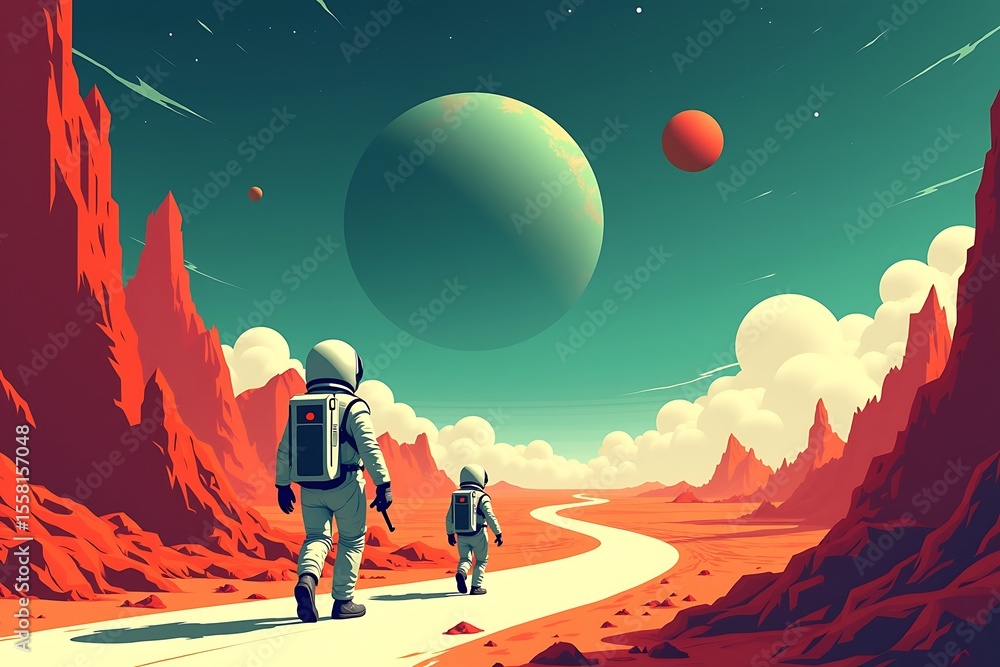 Obraz premium Futuristic vector illustration of space tourism featuring tourists, spacecraft, and cosmic scenery. Perfect for sci-fi, exploration, technology, and commercial space travel concepts.