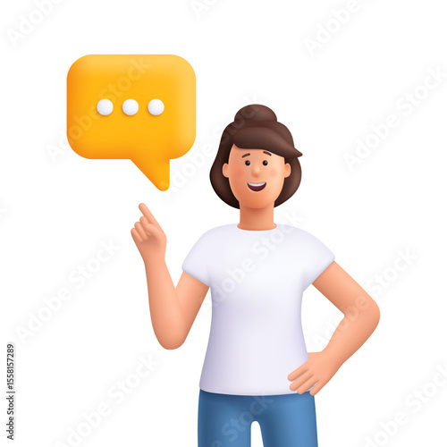 Young smiling woman Jane pointing upward with one finger at a yellow speech bubble. Communication, customer support, messaging and chat concept. 3d vector people character. Cartoon minimal style.