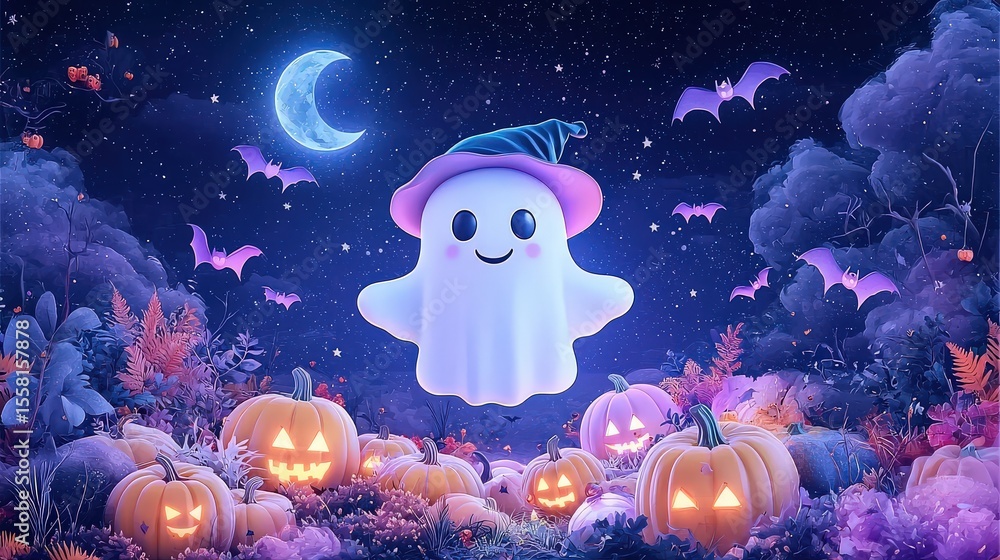 A smiling ghost in a baby bonnet floats above a candy-colored pumpkin patch, surrounded by soft stars, pastel bats, and glowing moonlight A smiling ghost in a baby bonnet floats above a candy-colored pumpkin patch, surrounded by soft stars, pastel bats, and glowing moonlight