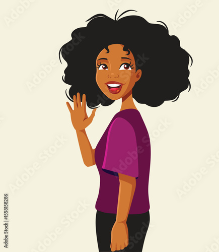 Happy Girl of African Ethnicity Waving Hello Vector Character. Nice person turning around and saluting being polite
