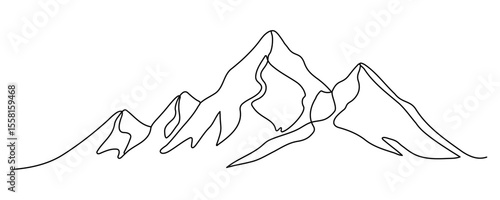 One continuous line drawing of mountain silhouette range landscape. Web banner with mounts in simple linear style. Editable stroke