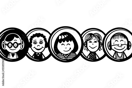 Smiling children portrait silhouettes encased in circles suitable for graphic design and educational illustration
