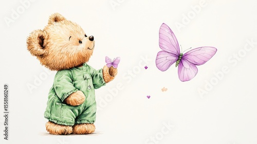 Wallpaper Mural Baby girl teddy bear in a soft green jumpsuit gazes upward, gentle smile, with a pale purple butterfly, soft pencil and watercolor style Torontodigital.ca