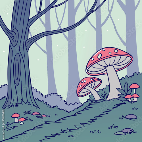 Illustration of a forest with large mushrooms and tall trees in a whimsical and dreamy style scene