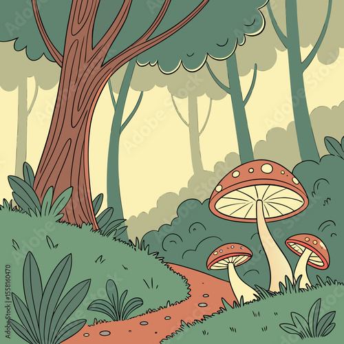 Illustration of a forest scene with mushrooms trees and a winding path through the green grass