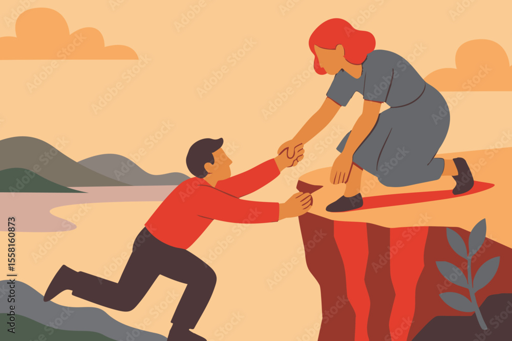 Fototapeta premium Helping Hand Illustration on Cliff Edge