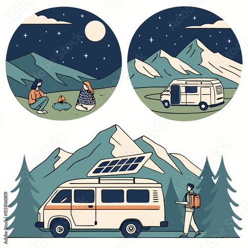 Illustration of camping scenes with camper vans mountains and people enjoying outdoor activities and nature