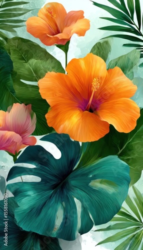 Wallpaper Mural Vibrant tropical flowers and leaves Torontodigital.ca